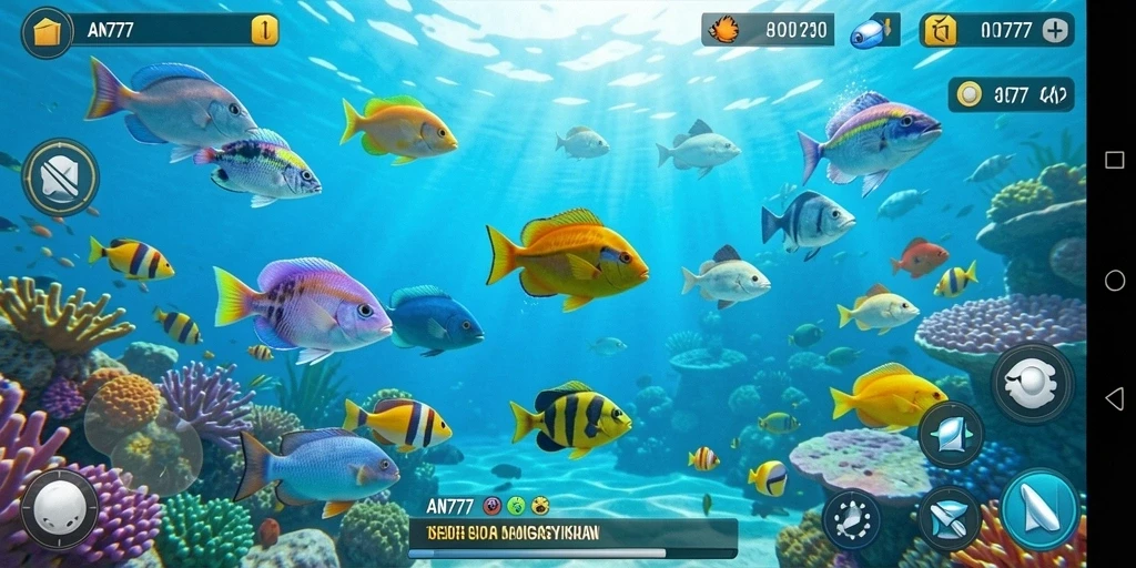 Screenshot AN777 menampilkan aksi menembak ikan yang seru.