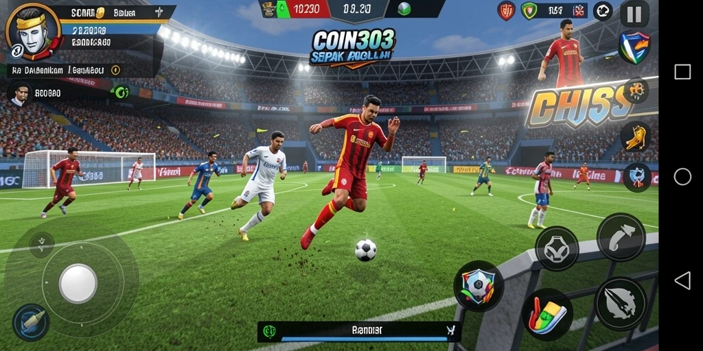 Tangkapan layar utama dari gameplay COIN303 yang menampilkan aksi sepak bola yang intens.
