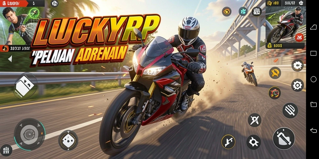 Screenshot gameplay LUCKYRP menampilkan balapan motor yang mendebarkan.
