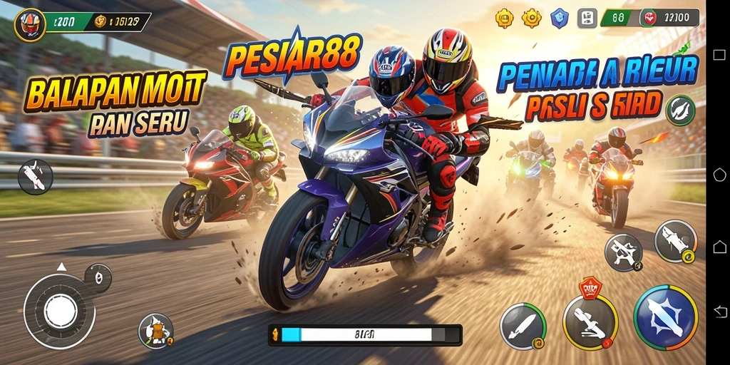 Screenshot menunjukkan aksi balapan motor intens dan mendebarkan.