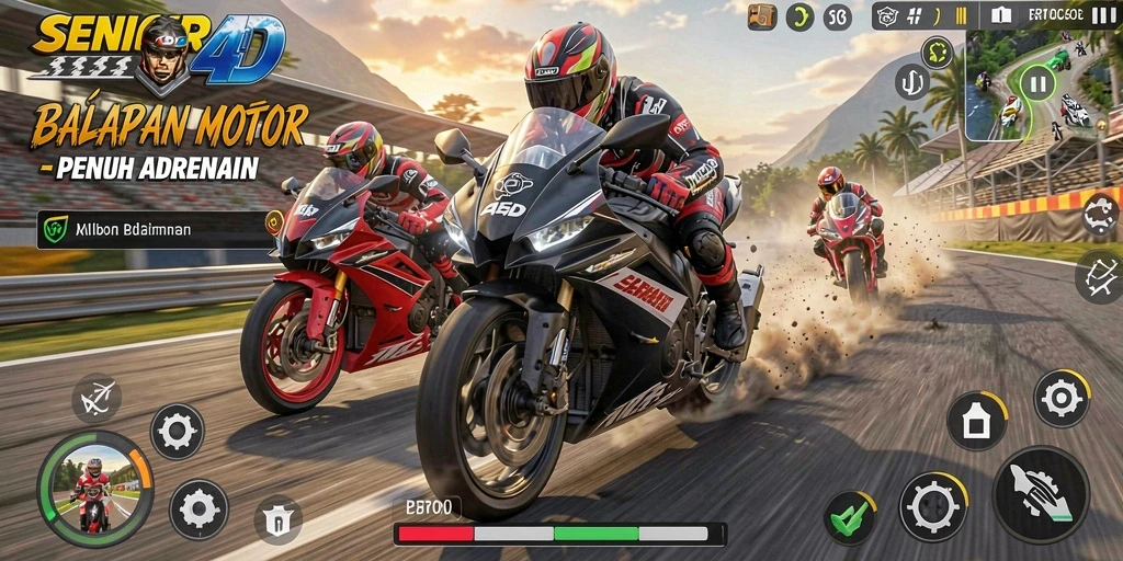 Tangkapan layar SENIOR4D menampilkan balapan motor yang seru dan cepat.