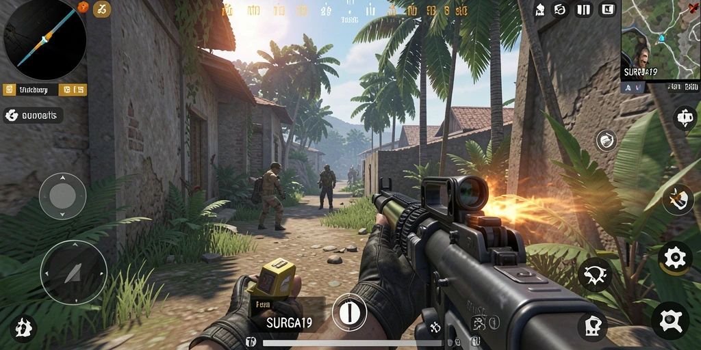 Screenshot gameplay SURGA19 menampilkan aksi tembak-menembak yang mendebarkan.