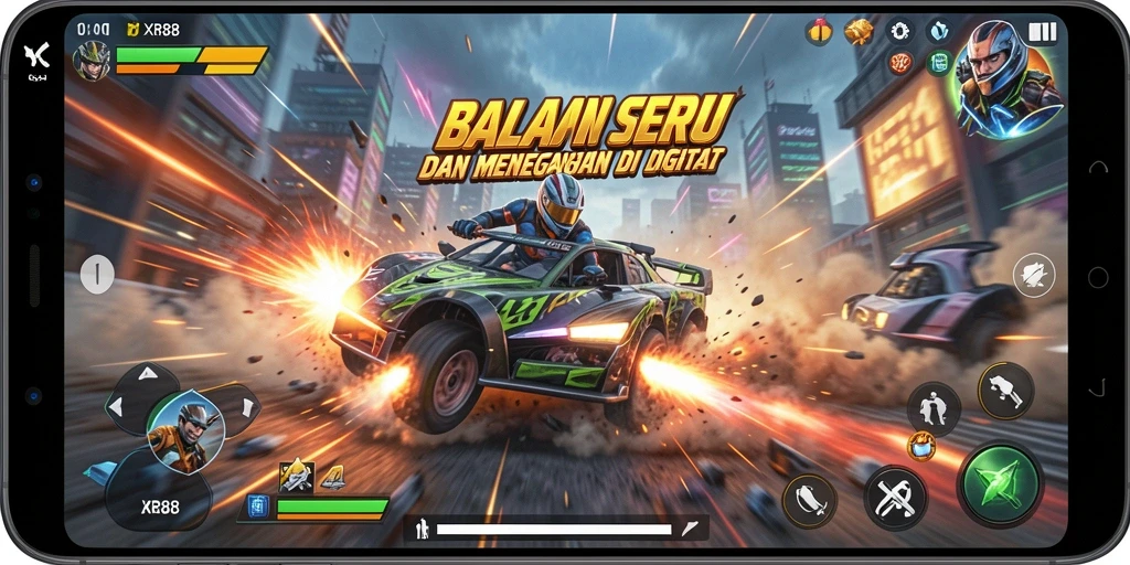 Tangkapan layar XR88 menunjukkan momen balapan seru dengan mobil melesat.